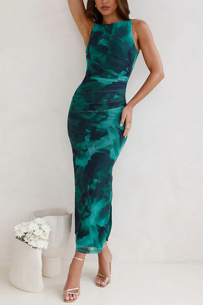 Sleeveless Side Slit Printed Bodycon Midi Dress