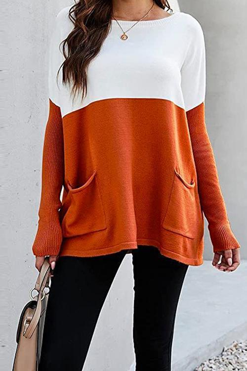 Color Block Knit Pullovers With Pockets Orange