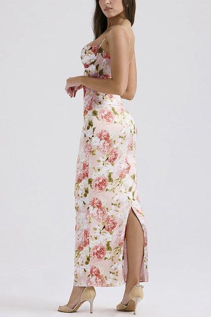 Floral Print Back Slit Bustier Maxi Sling Dress