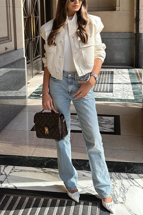 Button Up Pocketed Cropped Bomber Jacket