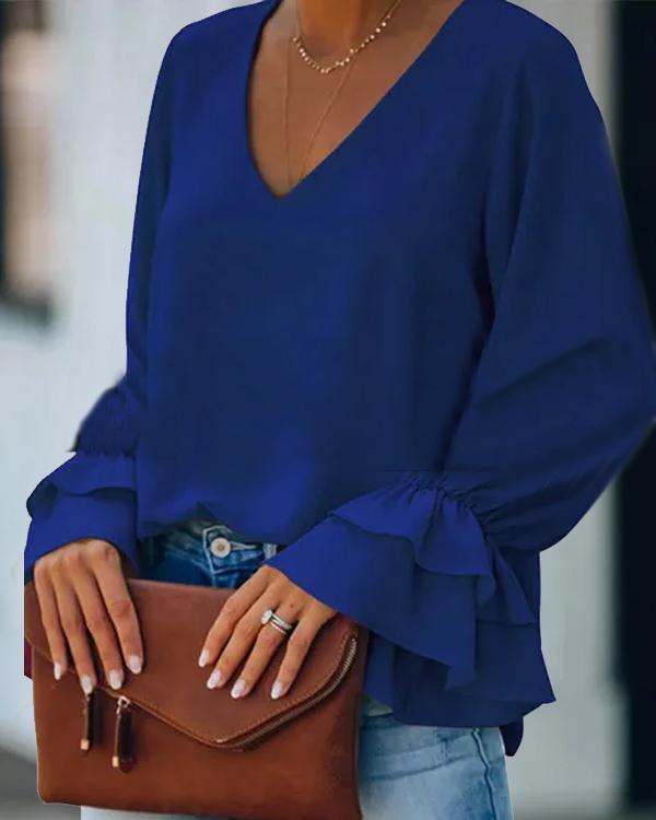 Clidress V Neck Scollop Sleeve Satin Top