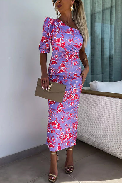 One Shoulder Waisted Floral Maxi Bodycon Dress Light Purple