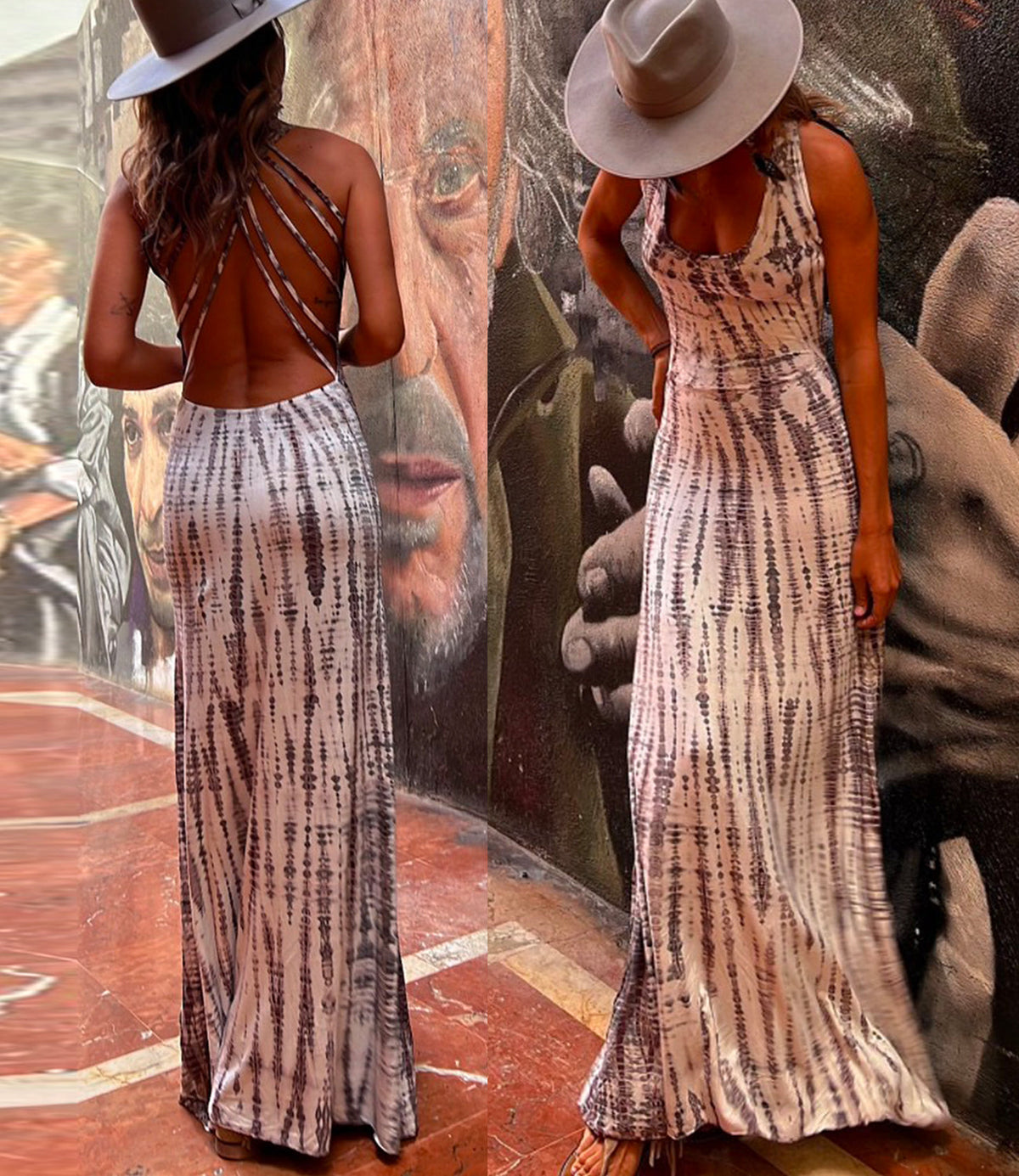 Criss Cross Open Back Tie Dye Maxi Dress White