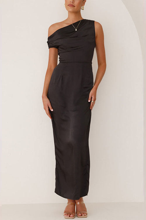 Asymmetric Shoulder Back Slit Waisted Maxi Dress