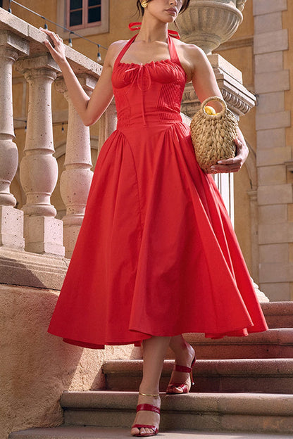 Bow Knot Halter Lace-up Swing Midi dress