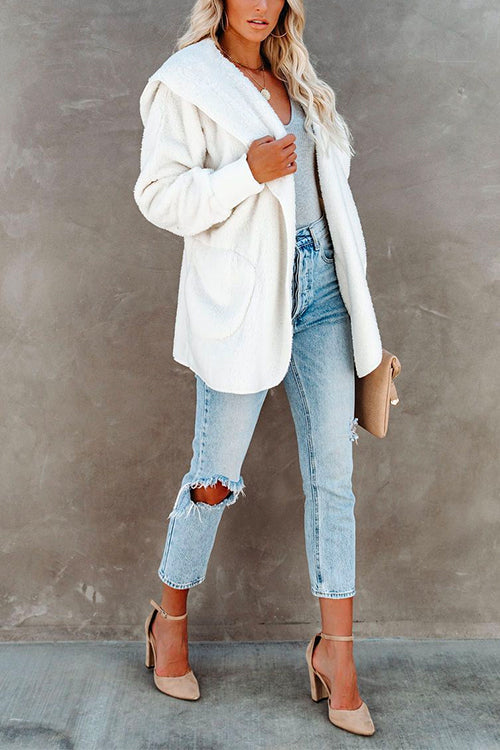 Open Front Hoodied Fuzzy Outwear with Pockets