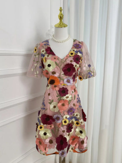 Plus Size Embroidered Floral V-Neck Mini Dress