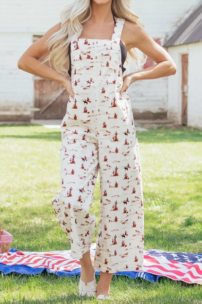 Western Printed Button Adjustable Straps Loose Jumpsuit