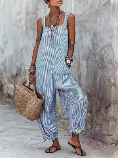 Full Size Striped Square Neck Wide Leg Jumpsuit Plus Size