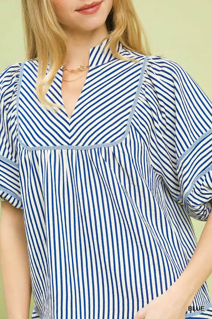 Umgee Striped Puff Sleeve Babydoll Top