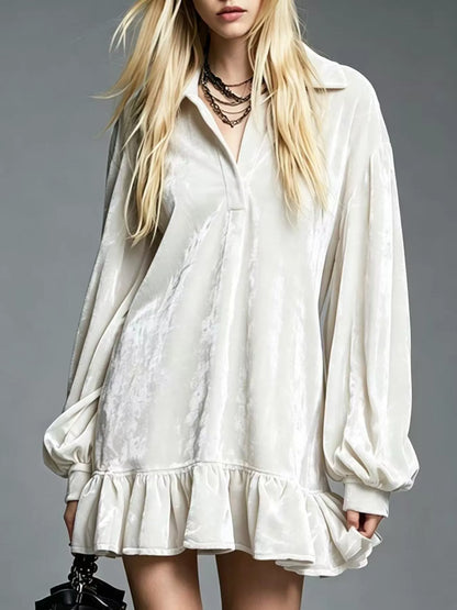 Full Size Velvet Long-Sleeve Ruffle Hem Mini Dress Plus Size