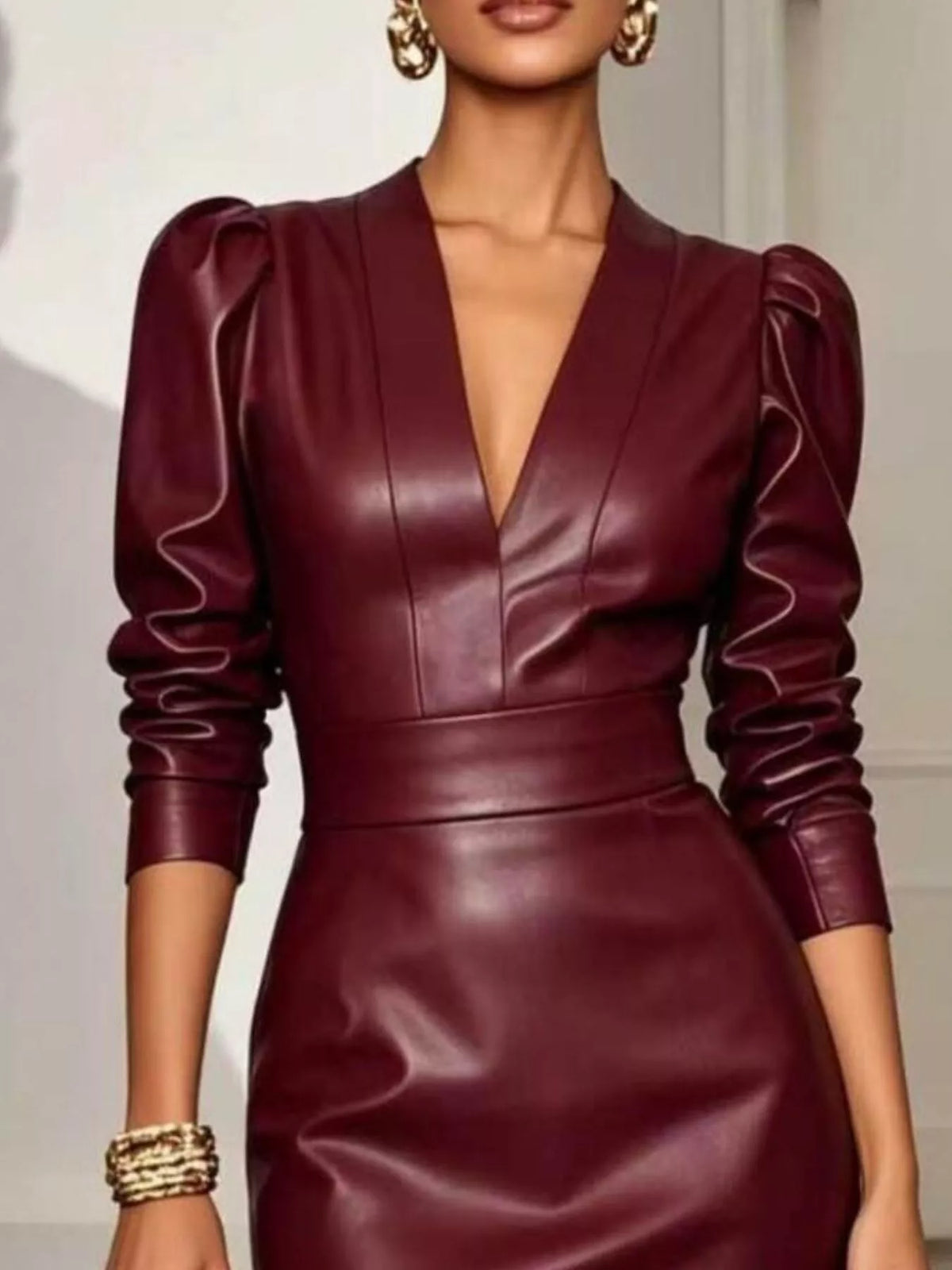 V-Neck Puff Sleeve Midi Dress