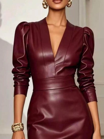 V-Neck Puff Sleeve Midi Dress