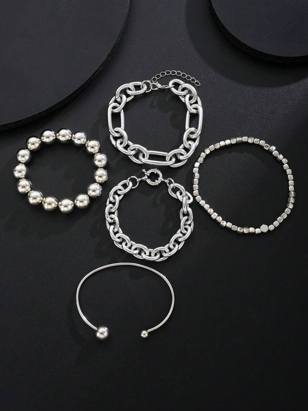 5pcs Vintage Layered Chunky Chain & Bead Bracelet Set