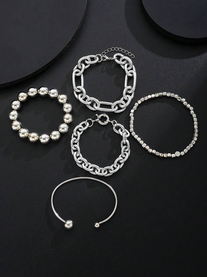 5pcs Vintage Layered Chunky Chain & Bead Bracelet Set