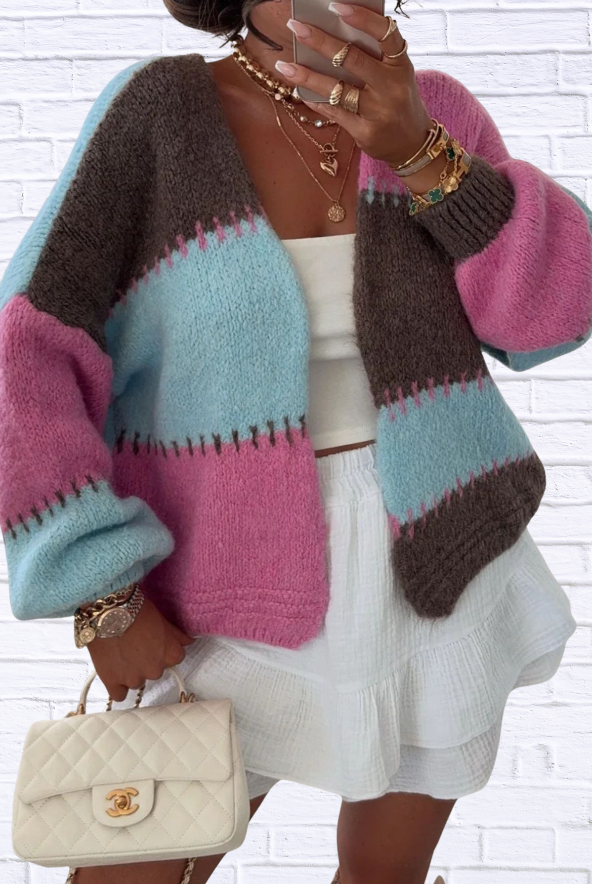 Color Block Open Front Cardigan Rose Powder One Size