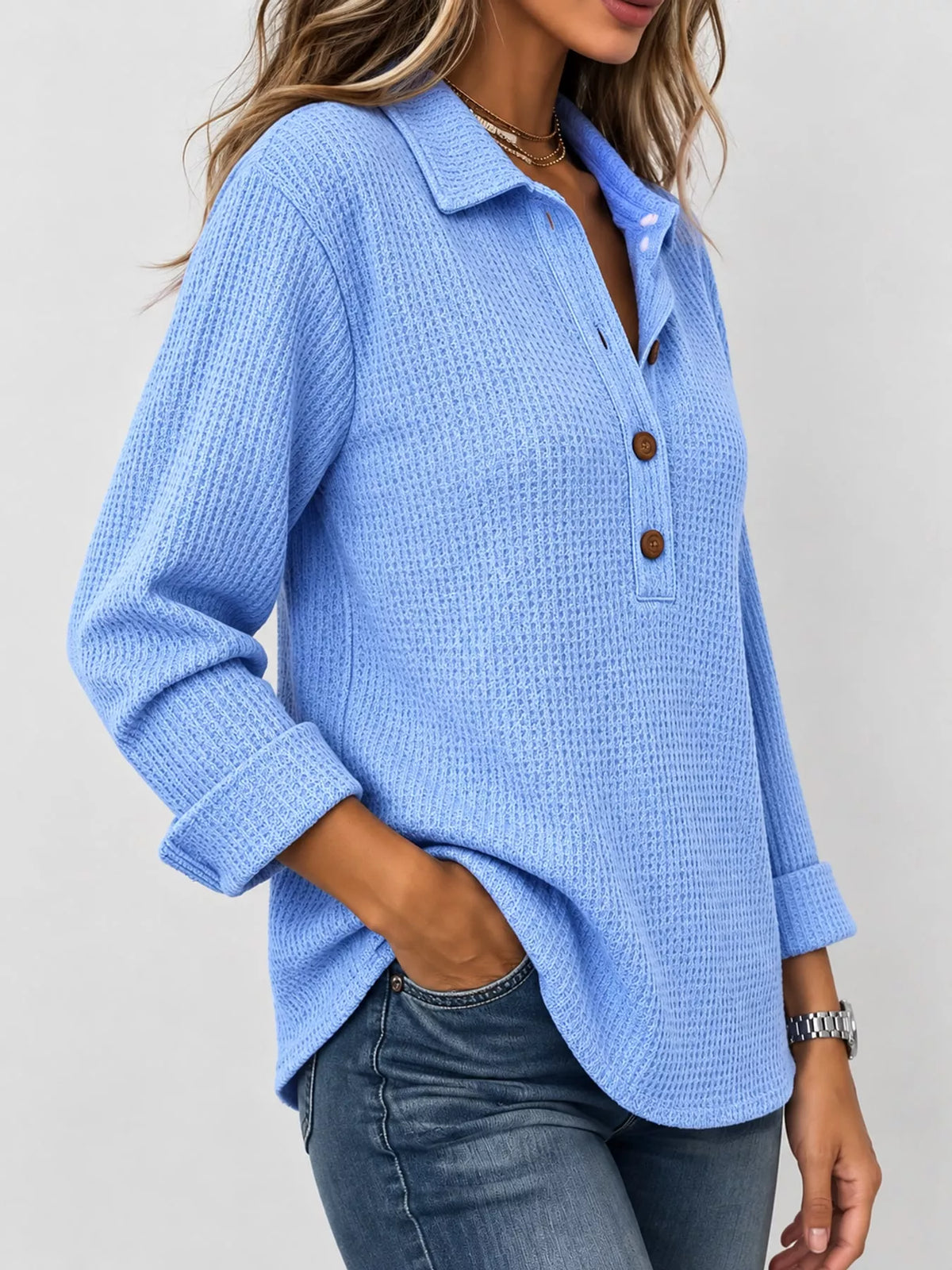 Full Size Waffle Knit Long Sleeve Polo Top Plus Size