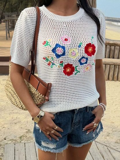 Floral Embroidered Crochet Knit Top