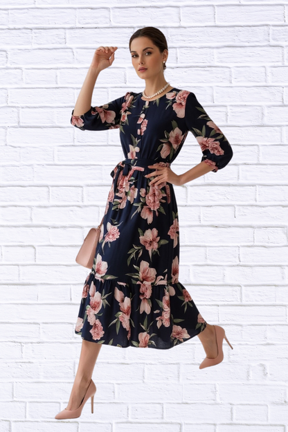🌸 Navy Floral Midi Dress with Belt and Side Pockets