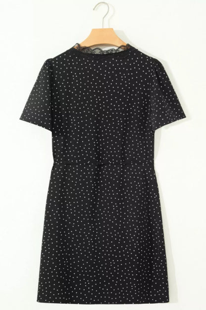 Polka Dot Print Lace Trim Wrap Mini Dress