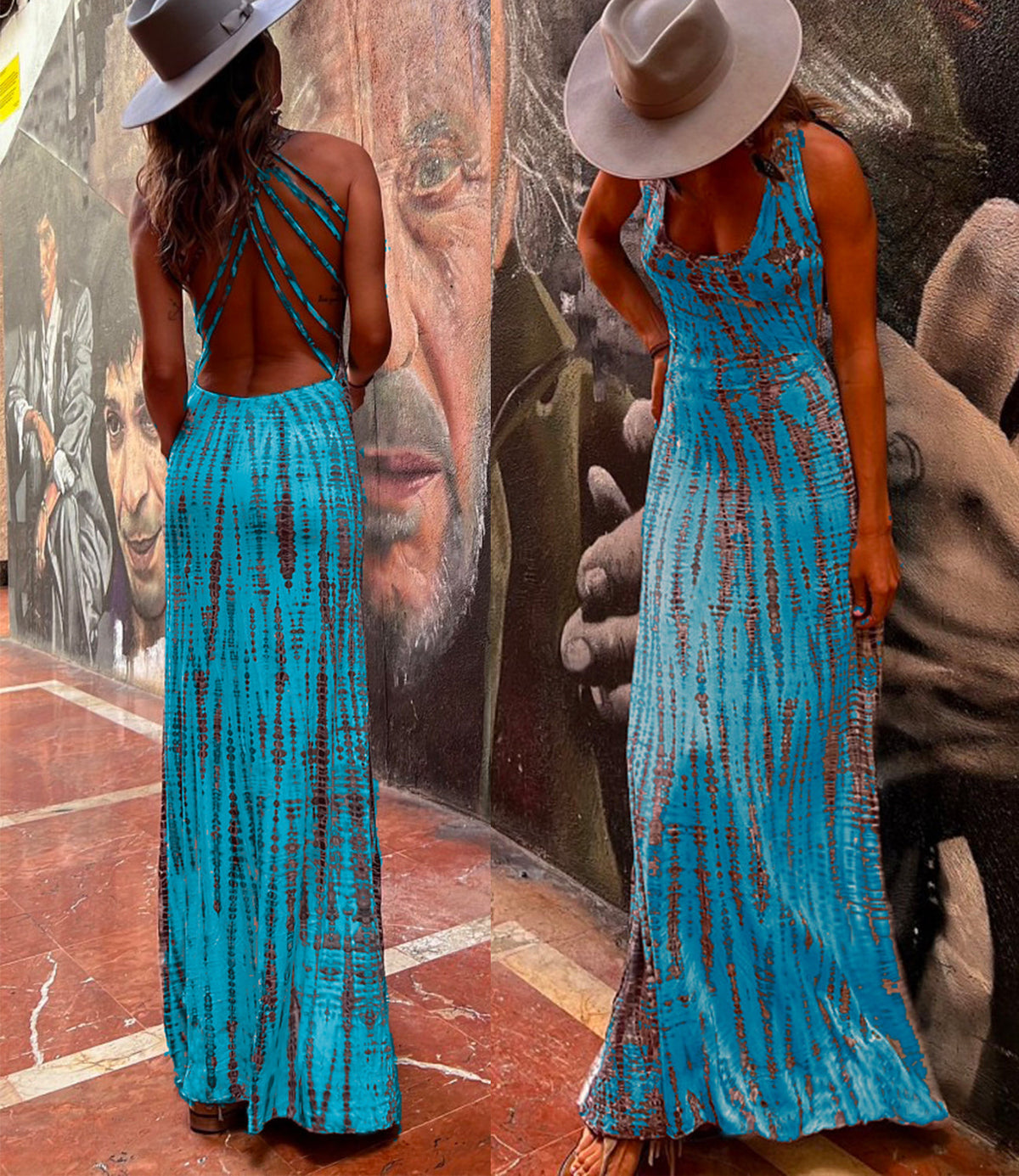 Criss Cross Open Back Tie Dye Maxi Dress Blue