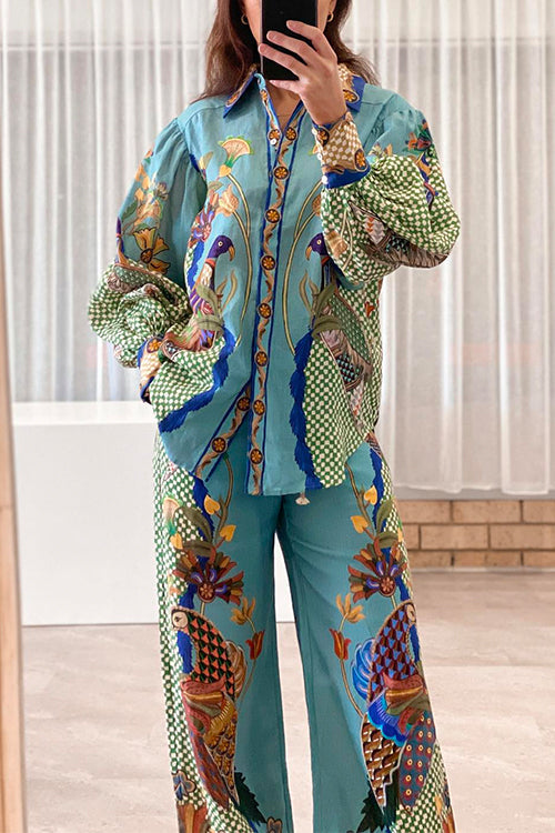 Birds Printed Puff Long Sleeves Blouse Shirt Wide Leg Pants Vacation Set