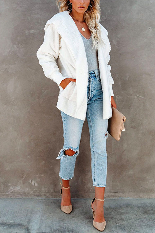 Open Front Hoodied Fuzzy Outwear with Pockets