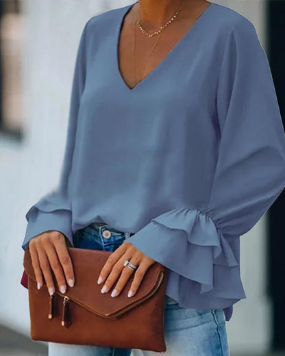 Clidress V Neck Scollop Sleeve Satin Top
