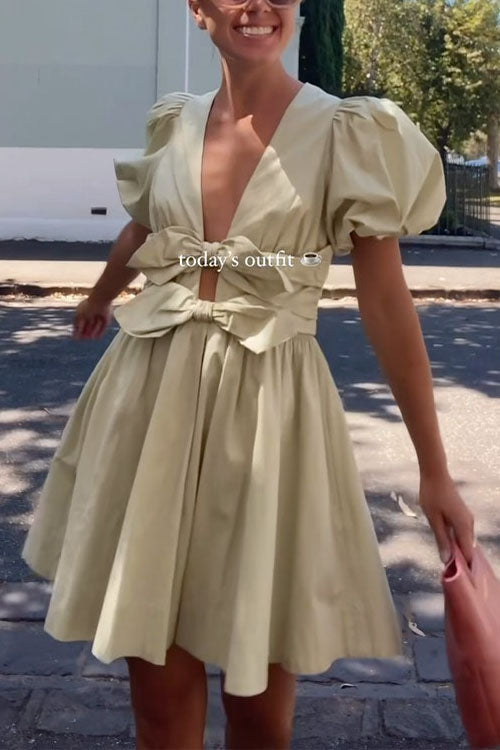 Deep V Neck Puff Sleeves Bow Knot Swing Dress Sage