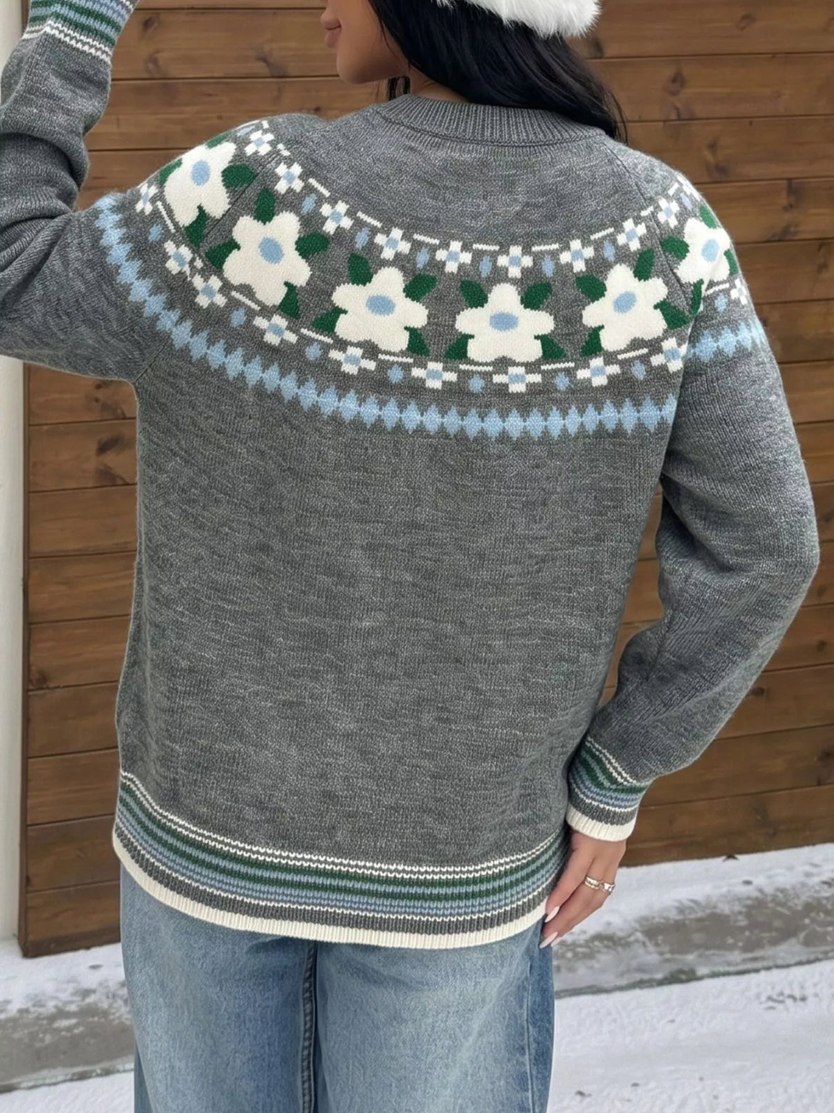 Floral Pattern Round Neck Sweater