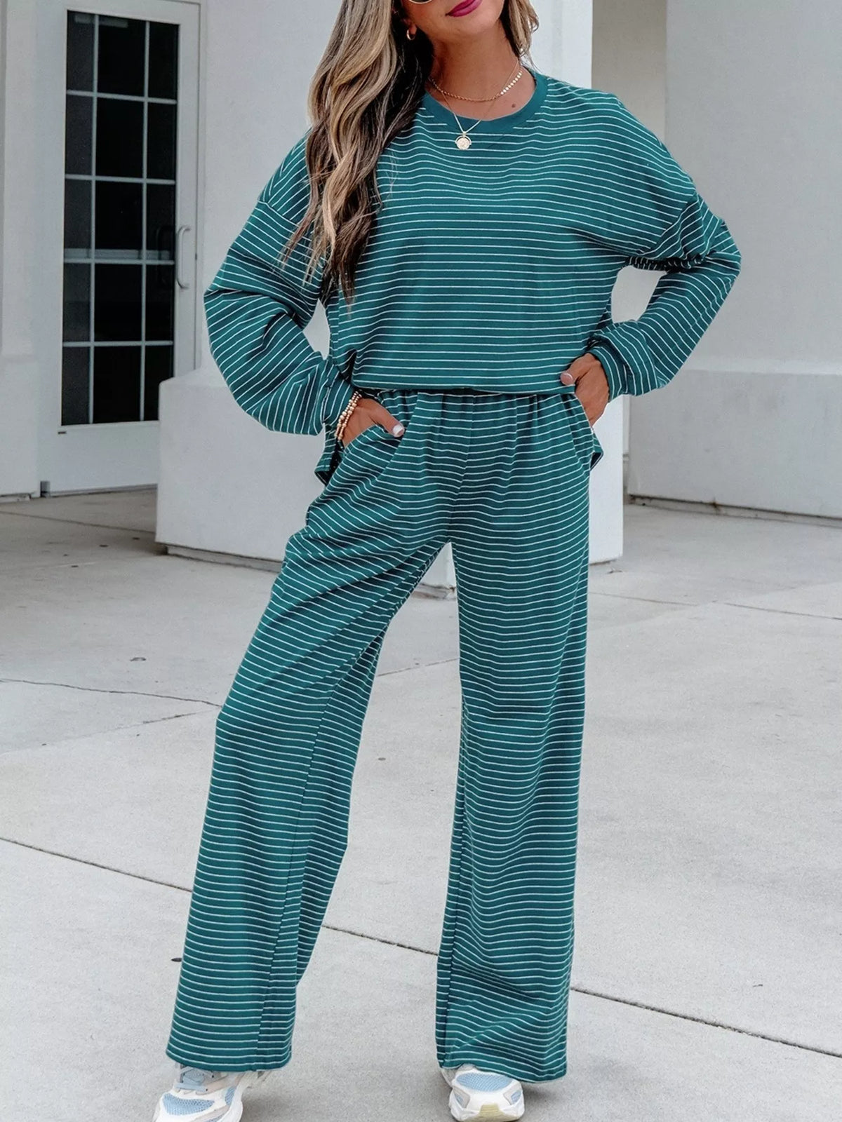 Stripe Dropped Shoulder Long Sleeve Top Elastic Waist Pants Casual 2pcs Set