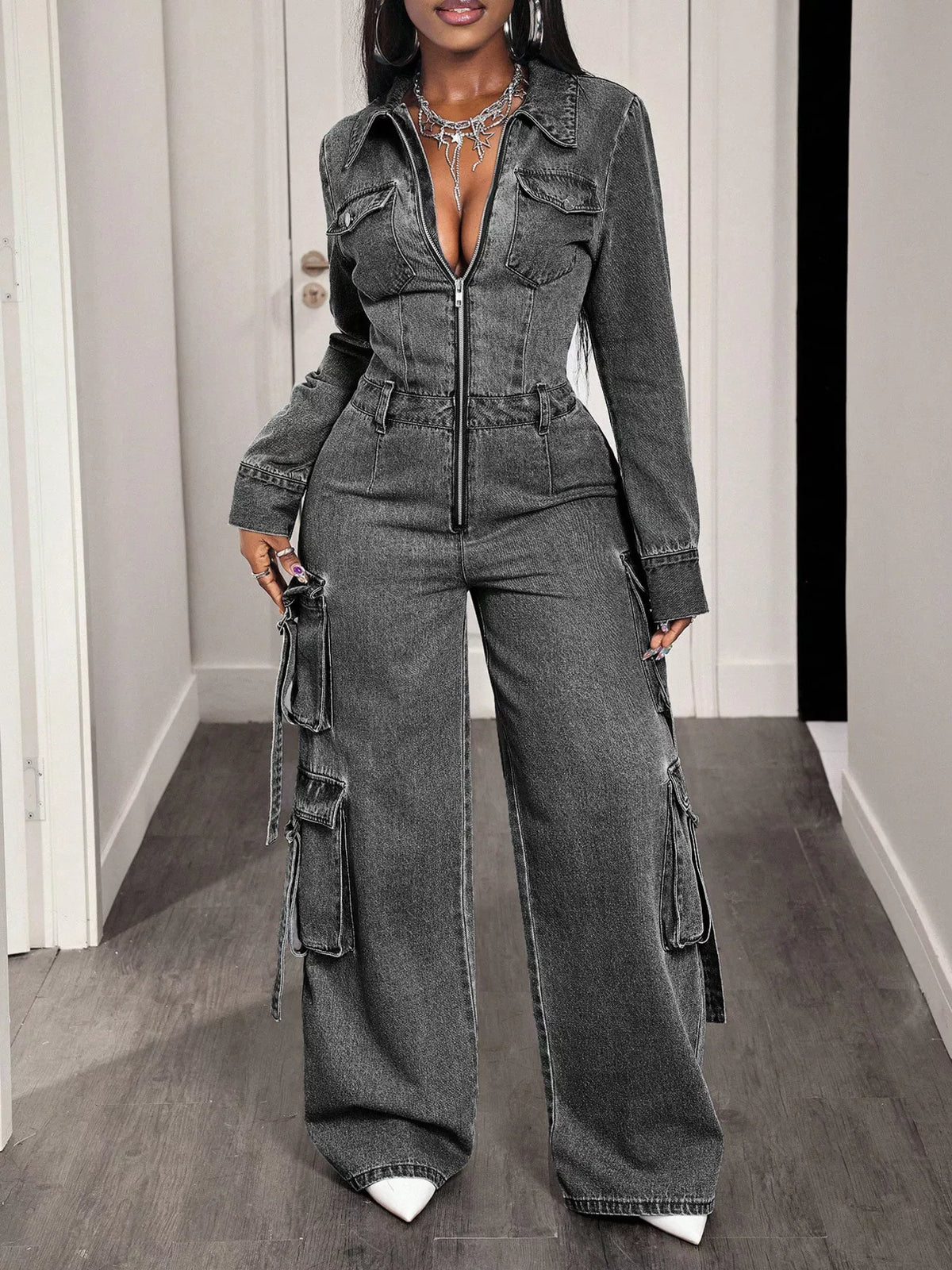 Zip Front Wide Leg Denim Jumpsuit