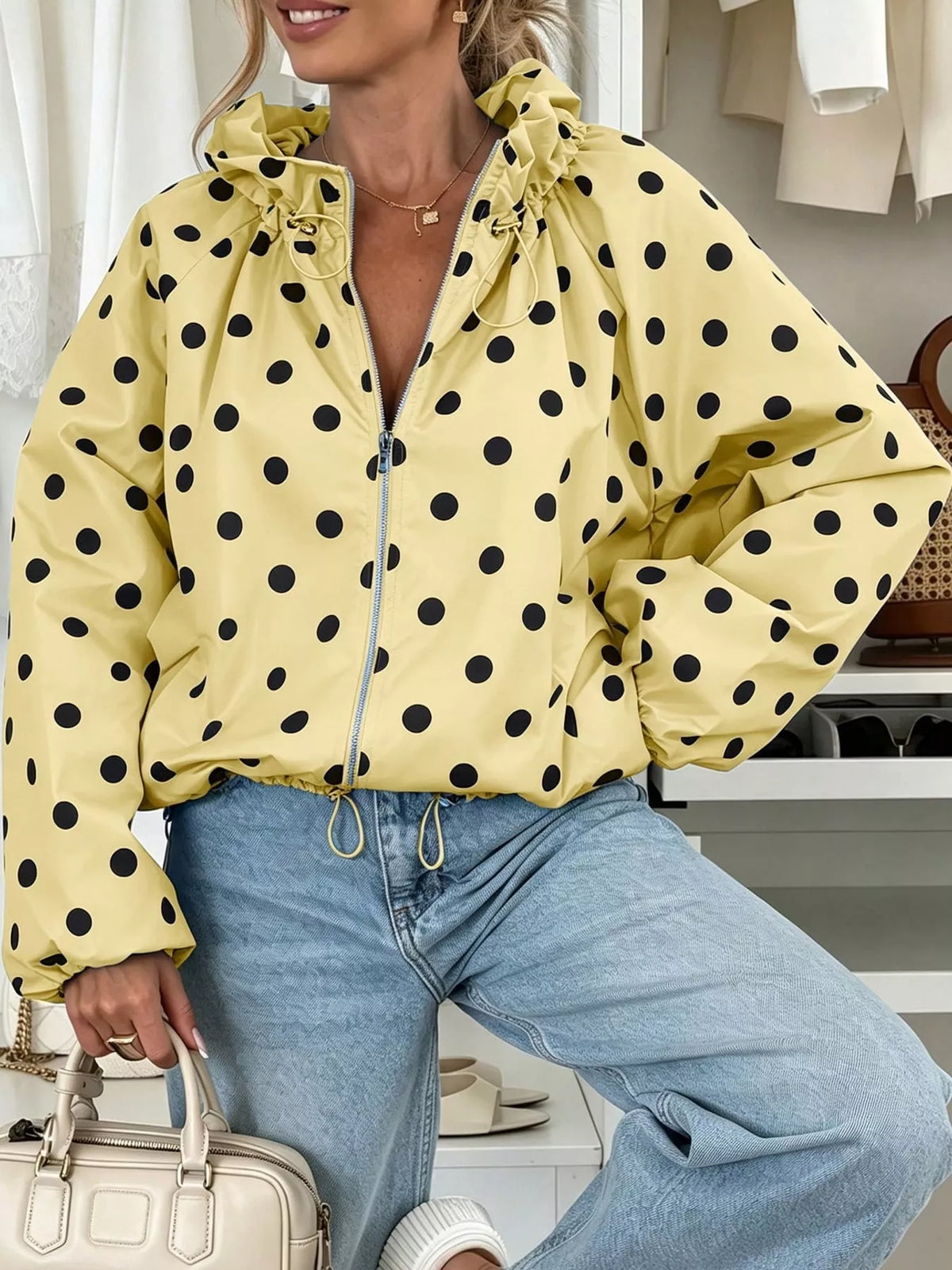 Polka Dot Zip Up Hooded Jacket