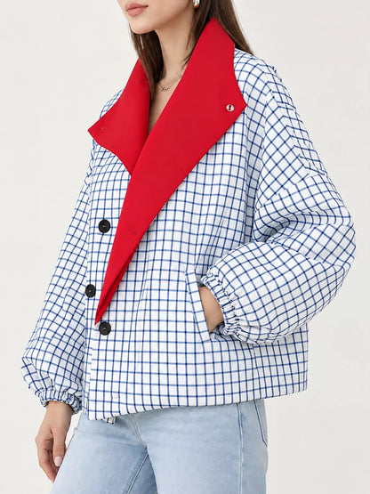 Contrast Lapel Plaid Casual Jacket