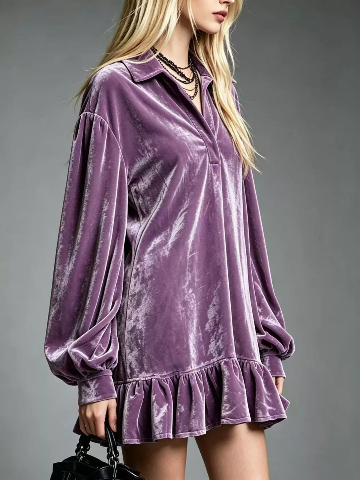 Full Size Velvet Long-Sleeve Ruffle Hem Mini Dress Plus Size