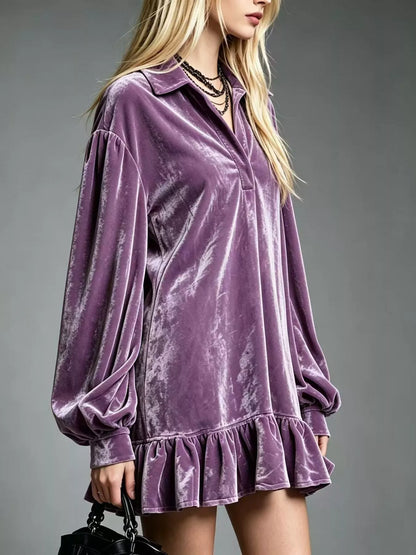 Full Size Velvet Long-Sleeve Ruffle Hem Mini Dress Plus Size