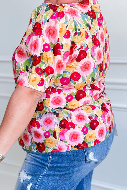 Pink Plus Size Flower Print Split V Neck Puff Short Sleeve Top