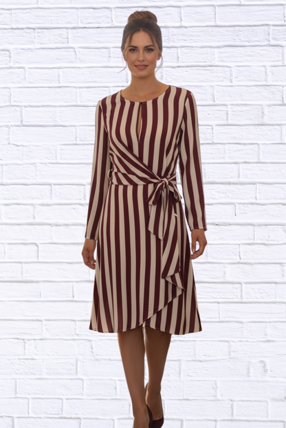 Burgundy and Cream Striped Long Sleeve Wrap Dress – Elegant Tie-Waist A-Line Midi Dress Burgundy and cream stripe Small
