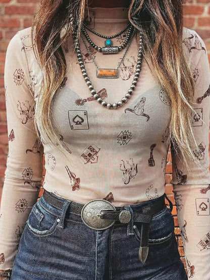 Western Print Slim Fit Mesh Long Sleeve Mock Neck Top