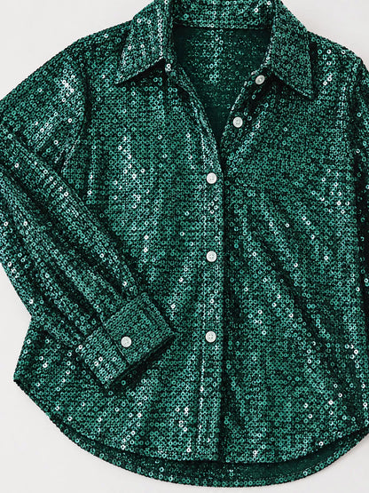 Full Size Sequin Button-Down Shirt Plus Size