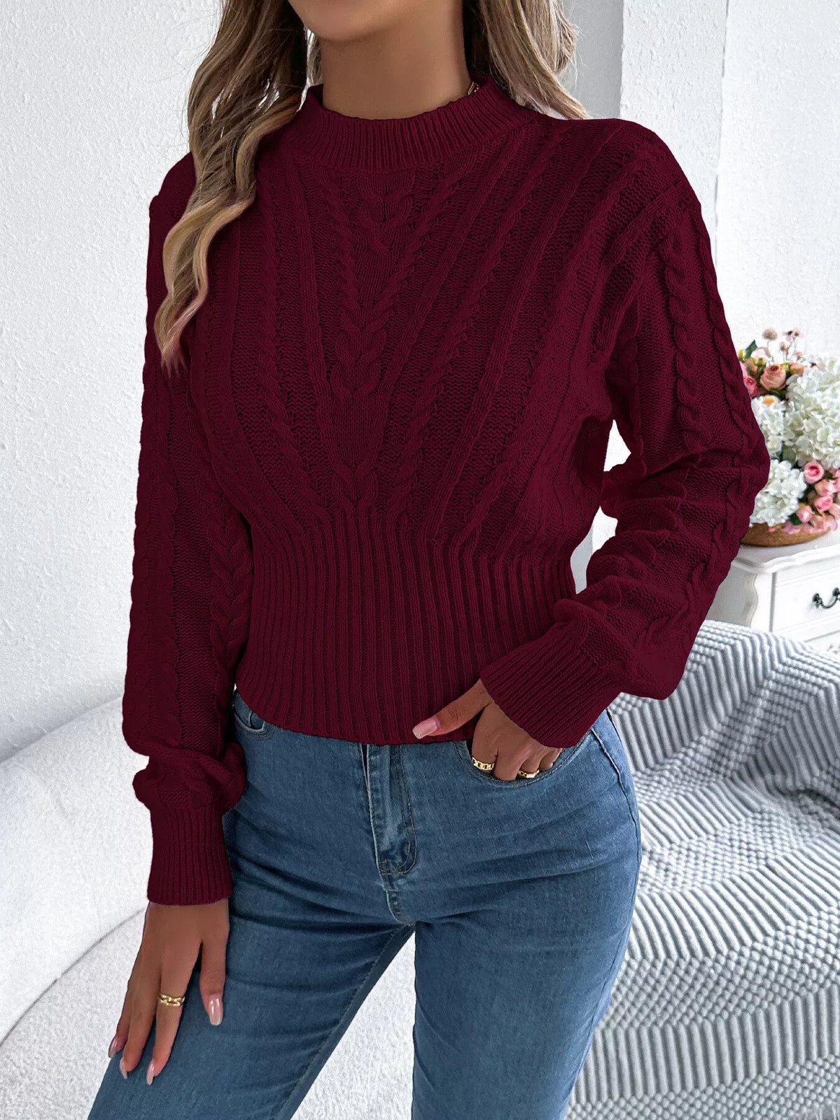 Cable Knit Mock Neck Sweater