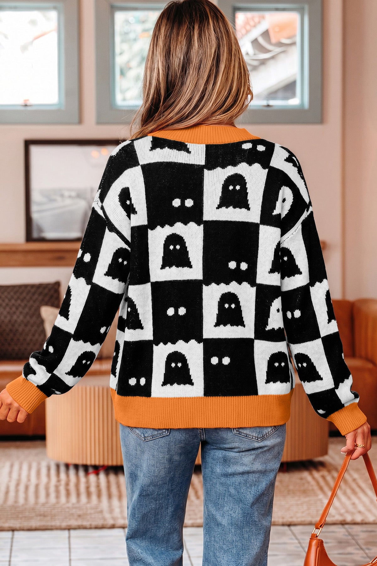 Black Geometric Ghost Print Drop Shoulder Knit Cardigan