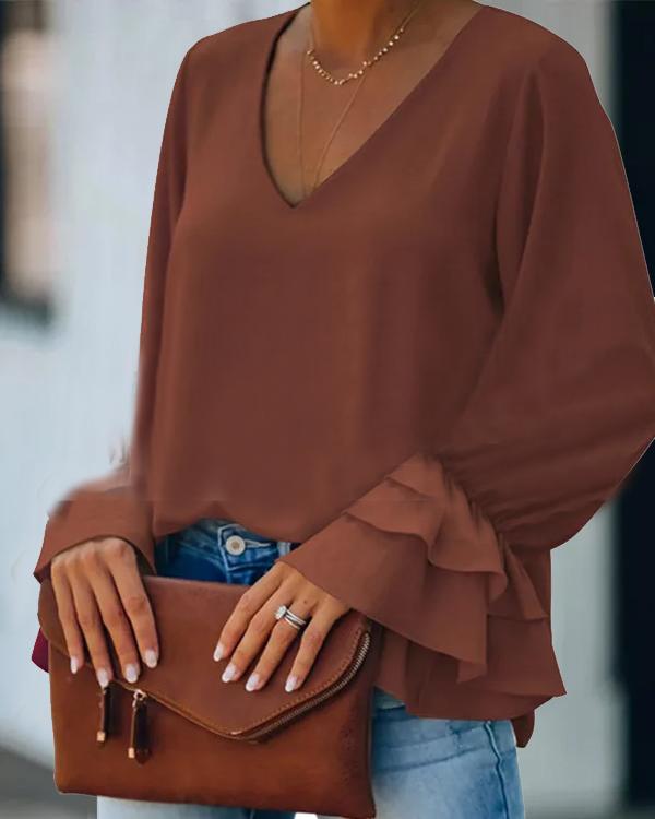 Clidress V Neck Scollop Sleeve Satin Top
