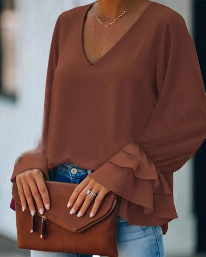 Clidress V Neck Scollop Sleeve Satin Top