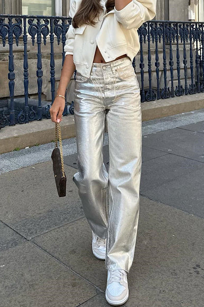 Glam Straight Leg Metallic Faux Leather Pants