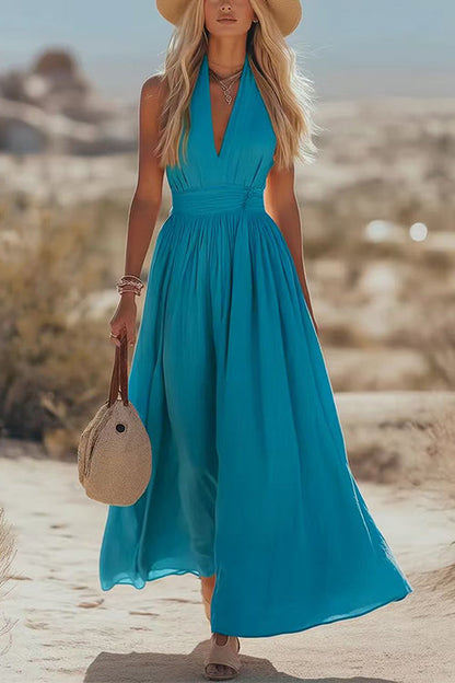 West Resort V Neck Sleeveless Waisted Cotton Linen Dress