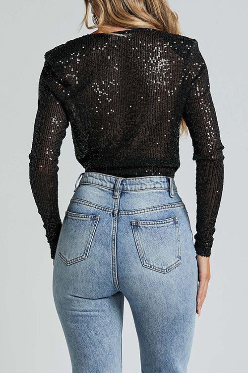 Wrap Deep V Neck Long Sleeves Sequin Bodysuit