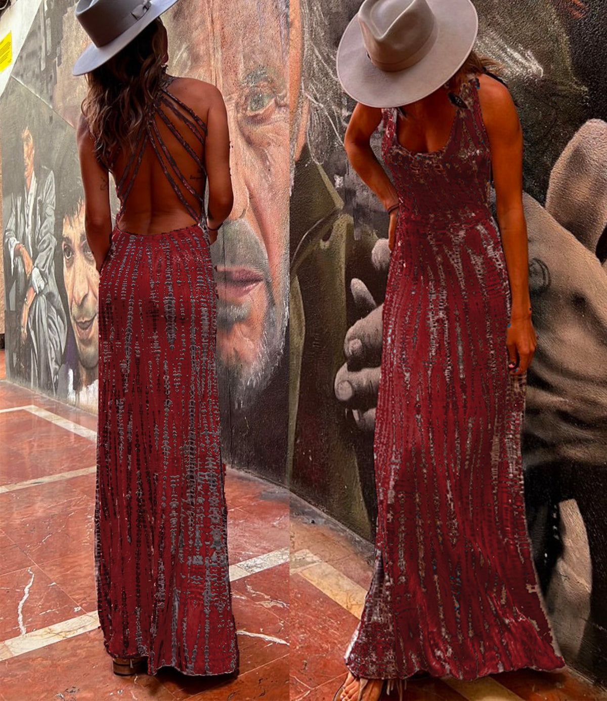 Criss Cross Open Back Tie Dye Maxi Dress Burgundy