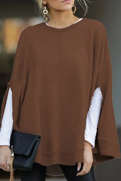 Crewneck Batwing Sleeve Cloak Top Brown