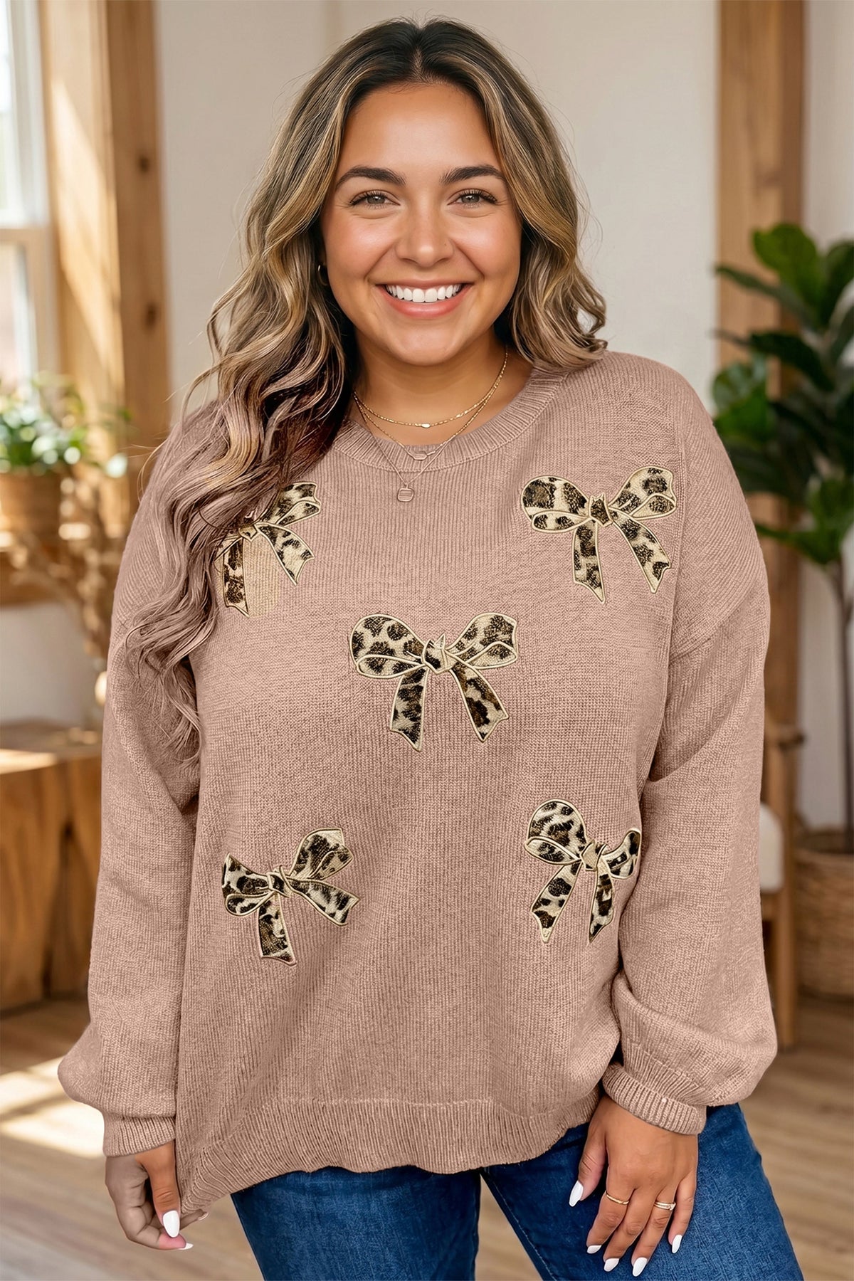 Dark Khaki Leopard Bow Embroidery Drop Shoulder Tunic Plus Size Sweater
